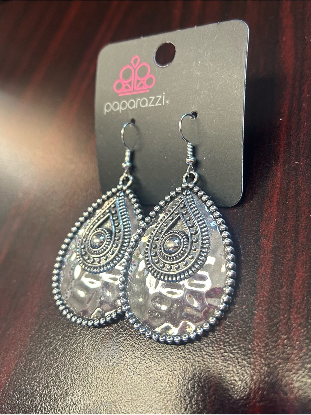 Paparazzi Silver Teardrop Hammered Dangle Earrings
